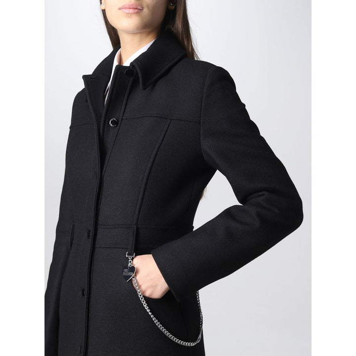 Elegant black wool coat with silver chain detail