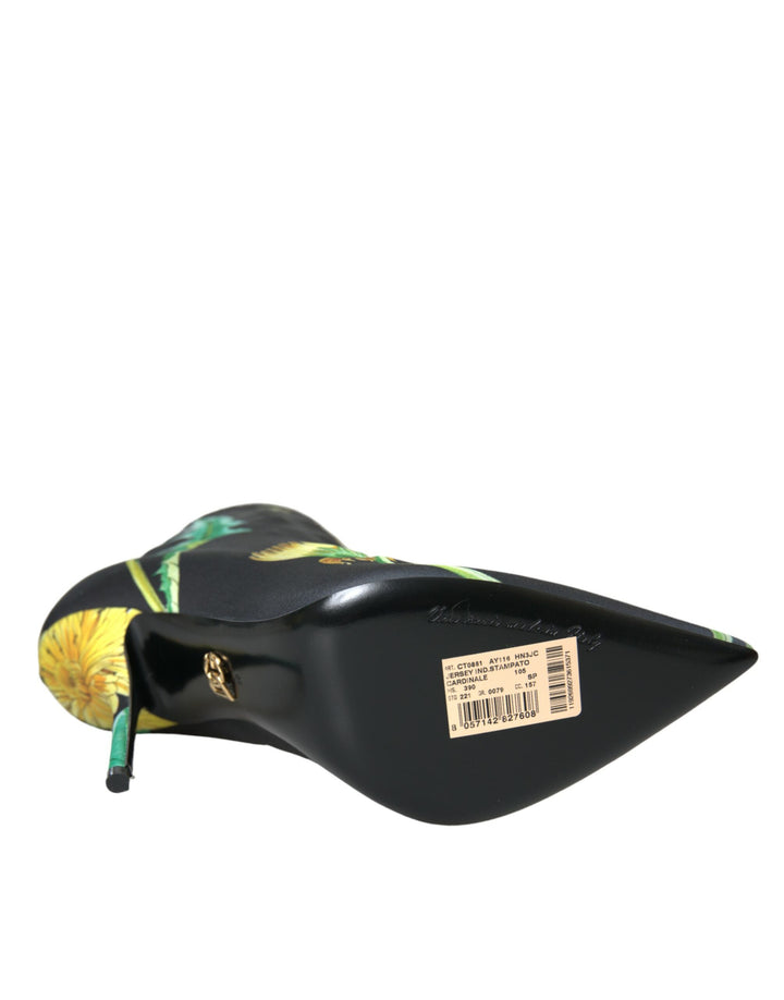 Schwarze geblümte Jersey Stretch-Stiefel Schuhe