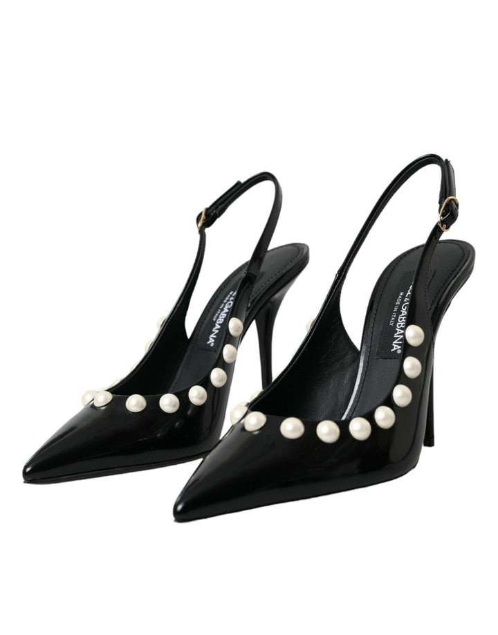 Schwarze Leder Faux Perle Ferse Slingback Schuhe