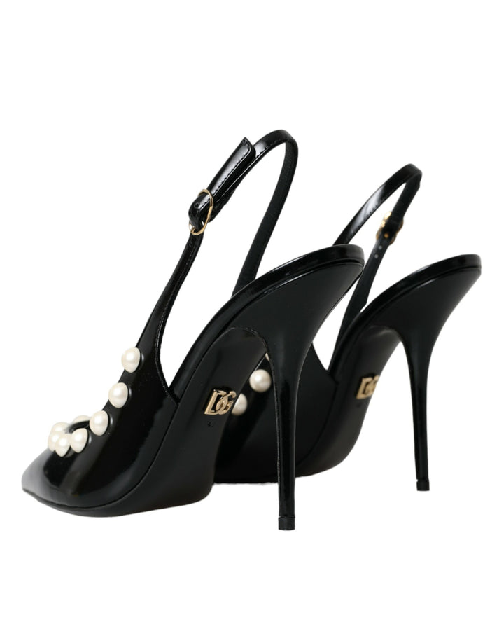 Schwarze Leder Faux Perle Ferse Slingback Schuhe