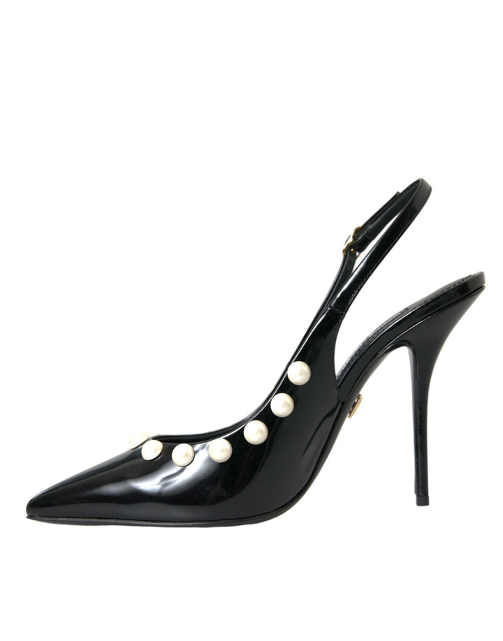 Schwarze Leder Faux Perle Ferse Slingback Schuhe