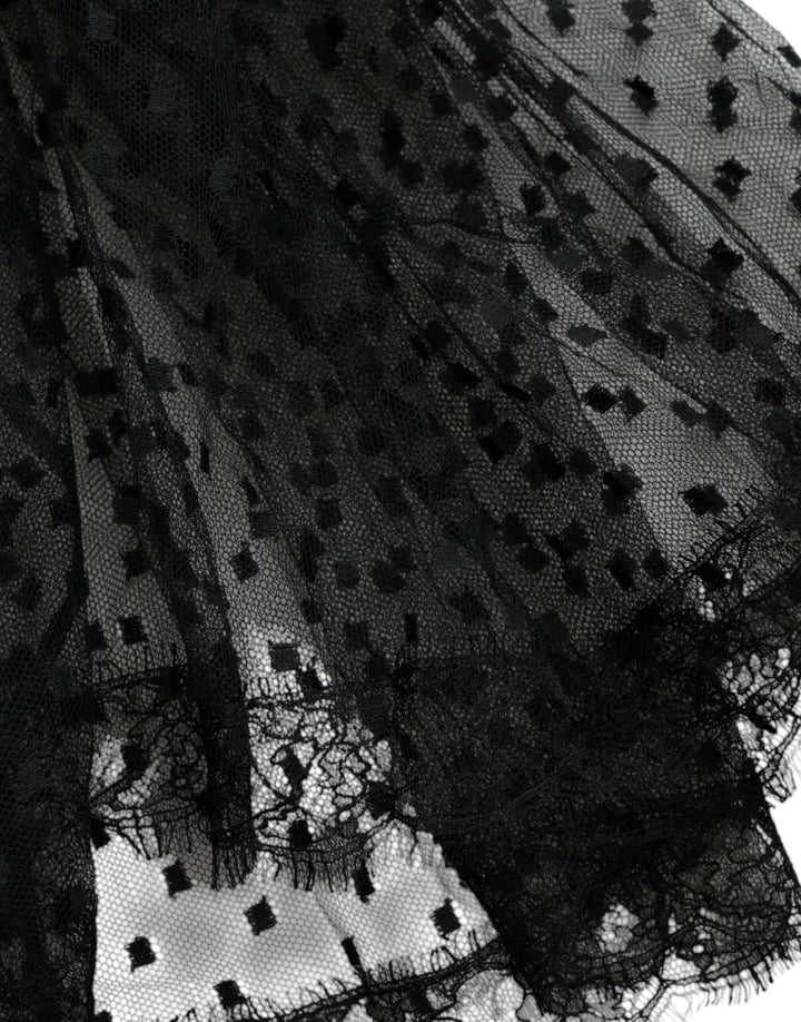 Black nylon skirt with lace trim and high waist in A-line