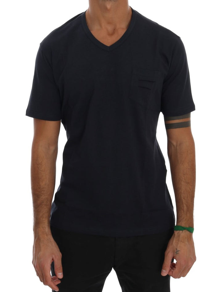 Blaues T-Shirt mit V-Ausschnitt aus Baumwolle