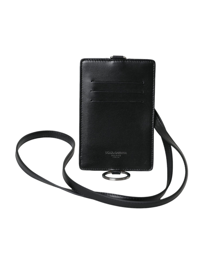 Black calf leather lanyard logo card holder men's wallet