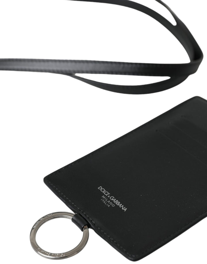Black calf leather lanyard logo card holder men's wallet