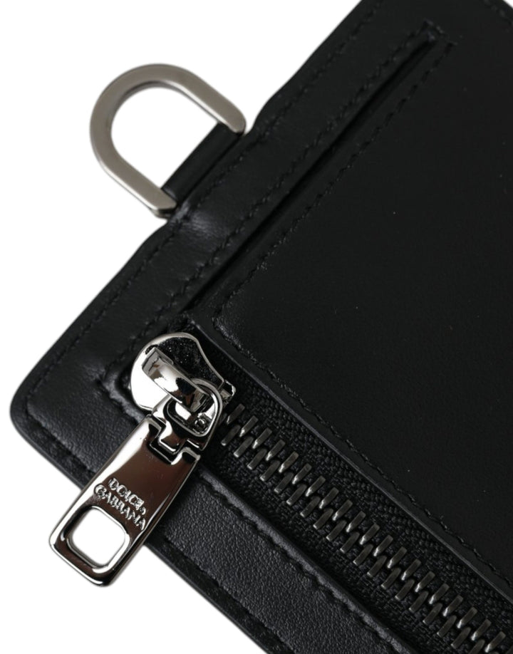 Black calf leather lanyard logo card holder men's wallet