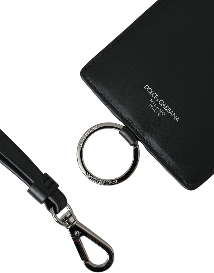 Black calf leather lanyard logo card holder men's wallet