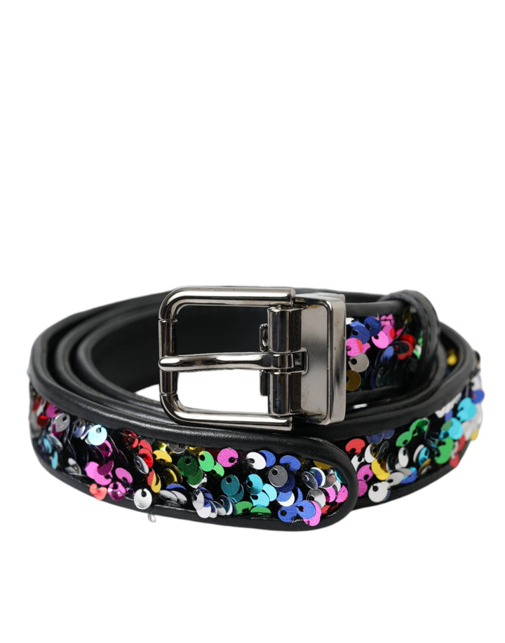 Black sequin belt with silver metal buckle for women