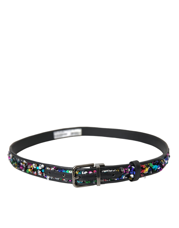 Black sequin belt with silver metal buckle for women