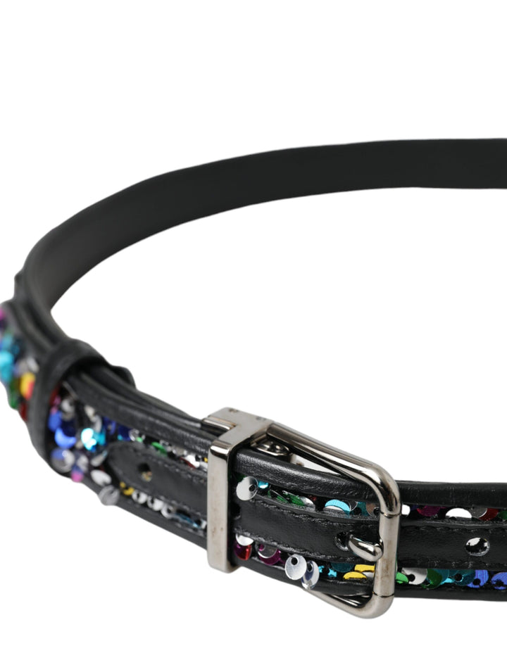 Black sequin belt with silver metal buckle for women