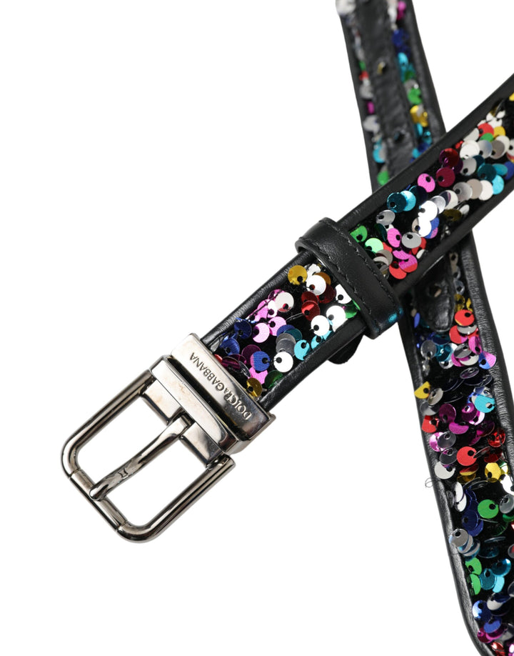 Black sequin belt with silver metal buckle for women