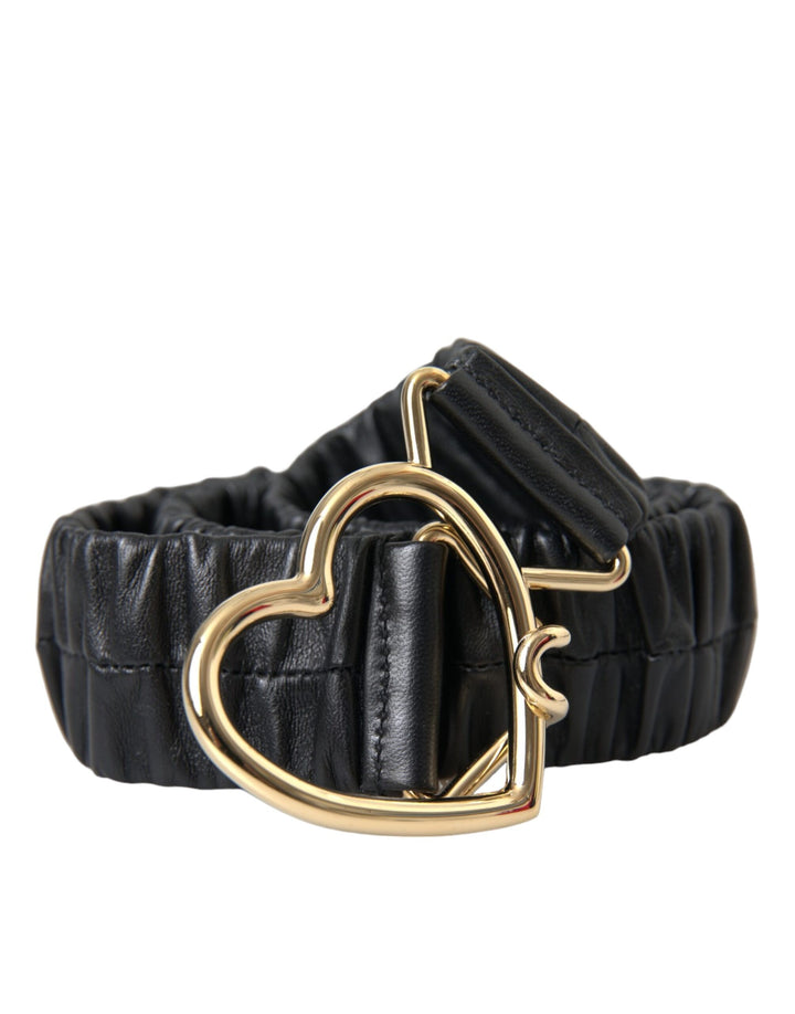 Black leather gold heart metal buckle belt