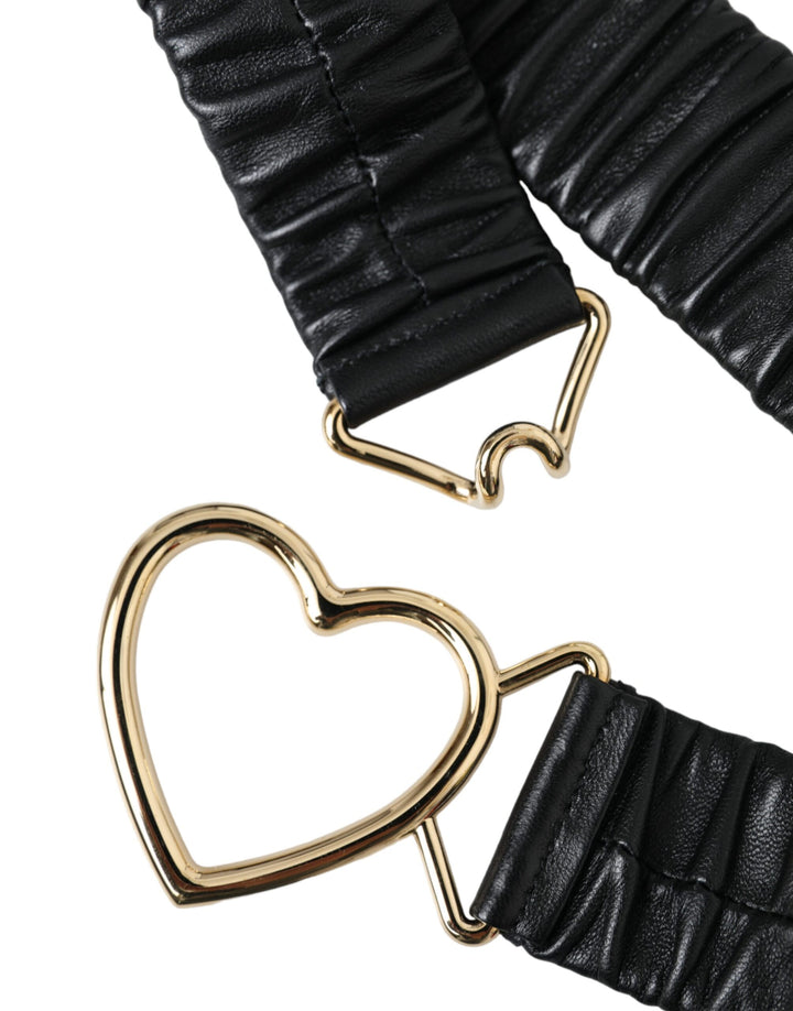 Black leather gold heart metal buckle belt