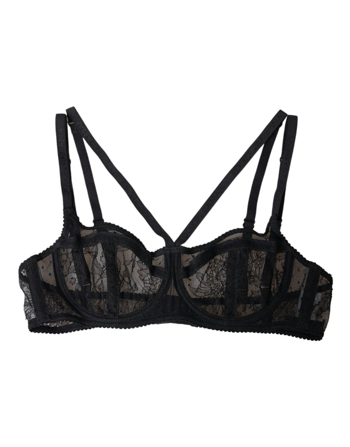 Black floral lace nylon balcony bra underwear