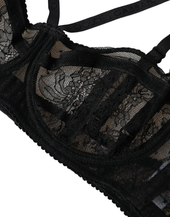 Black floral lace nylon balcony bra underwear