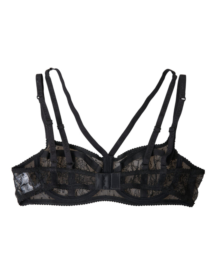 Black floral lace nylon balcony bra underwear