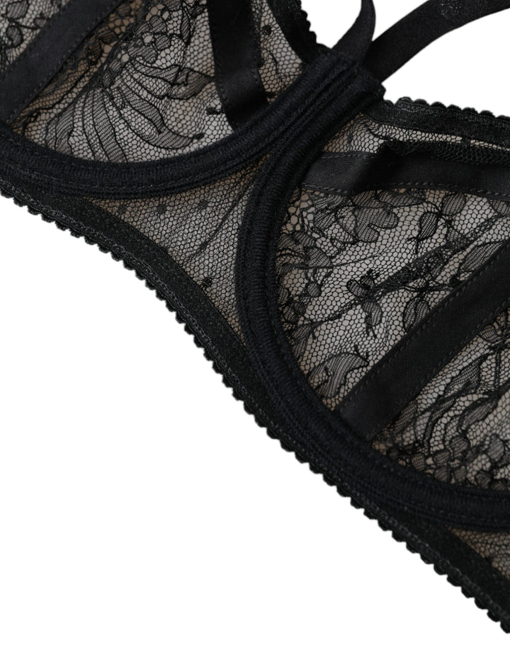 Black floral lace nylon balcony bra underwear