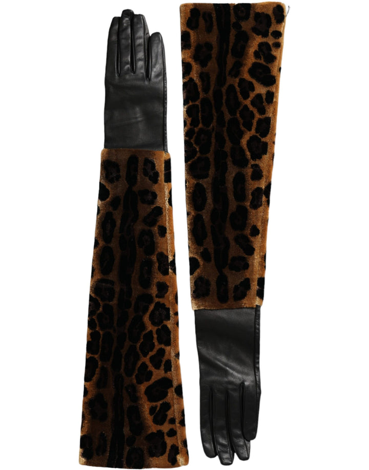 Braun Schwarz Leopard Leder Ellenbogenlange Handschuhe