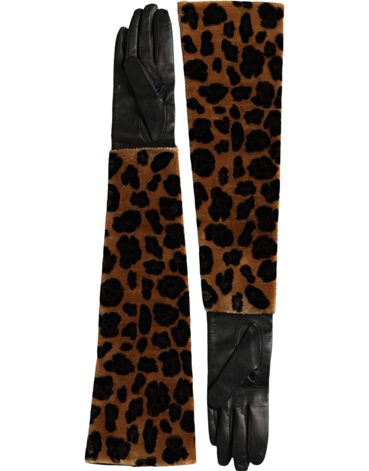 Braun Schwarz Leopard Leder Ellenbogenlange Handschuhe