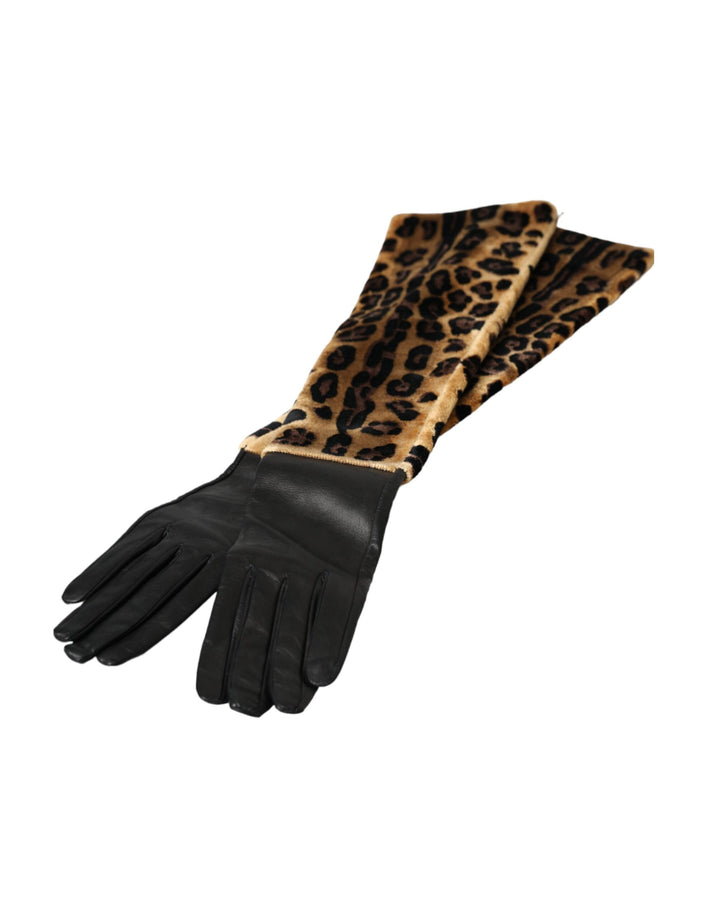 Braun Schwarz Leopard Leder Ellenbogenlange Handschuhe
