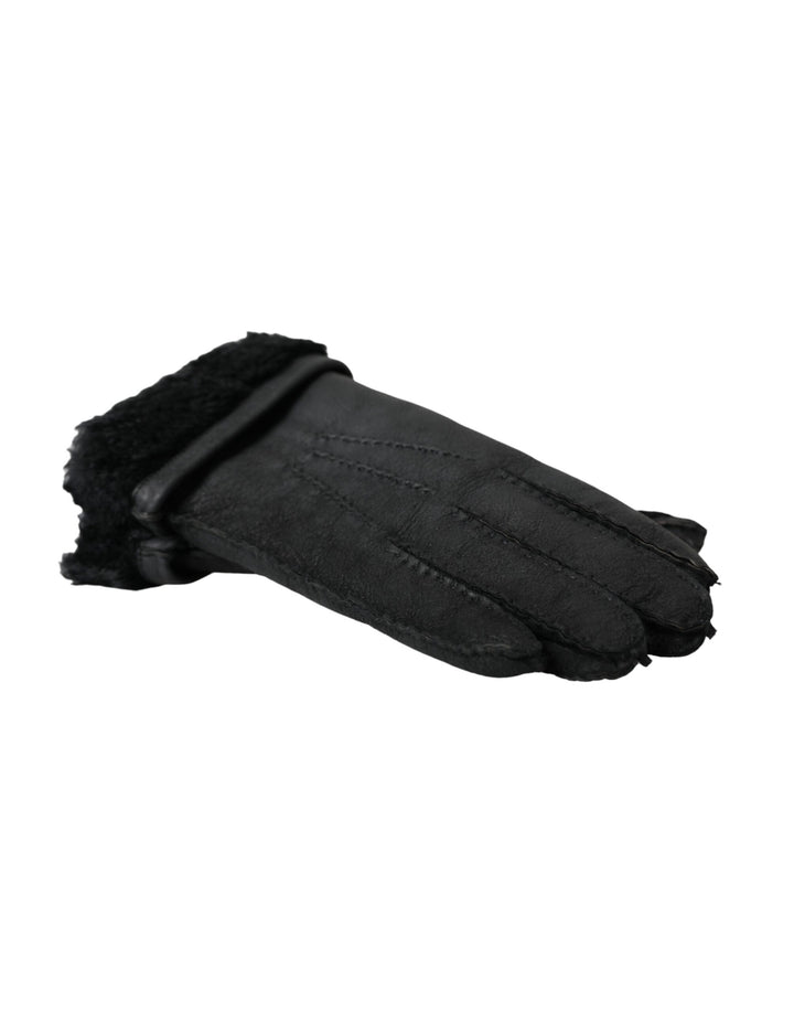 Schwarze Leder-Fell-Handschuhe für kurze Hände