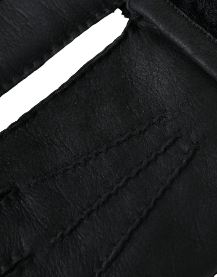 Schwarze Leder-Fell-Handschuhe für kurze Hände