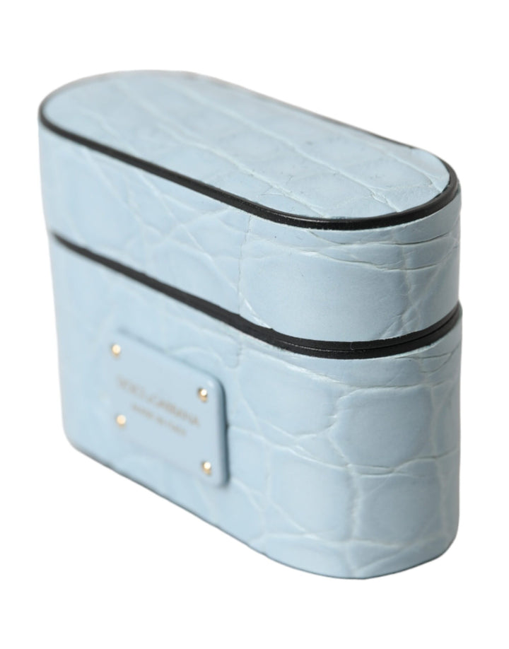 Hellblaue Leder Metall Logo Plaque Airpods Tasche