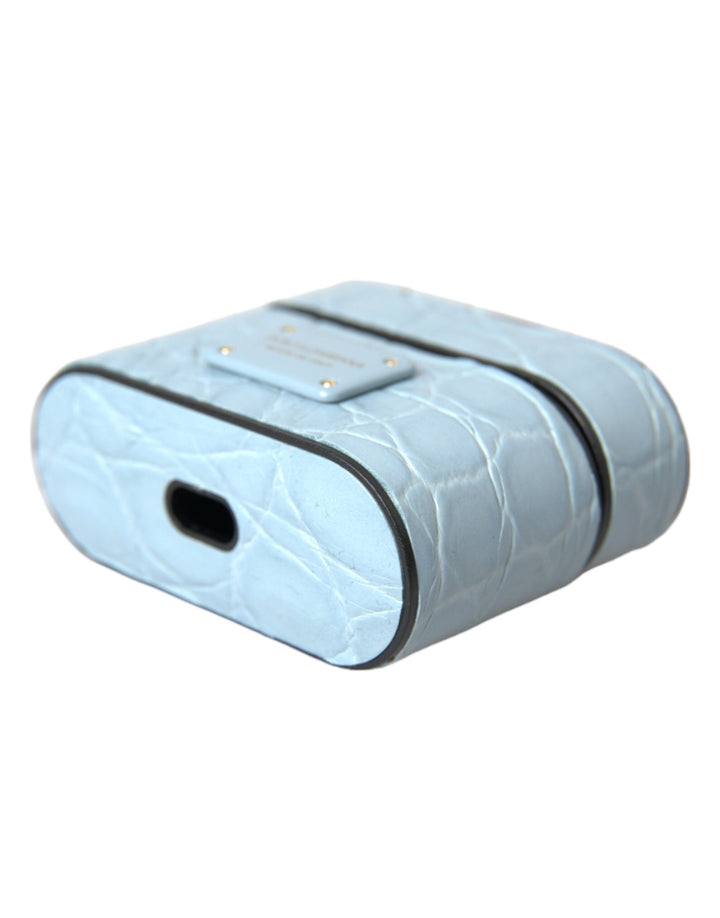 Hellblaue Leder Metall Logo Plaque Airpods Tasche