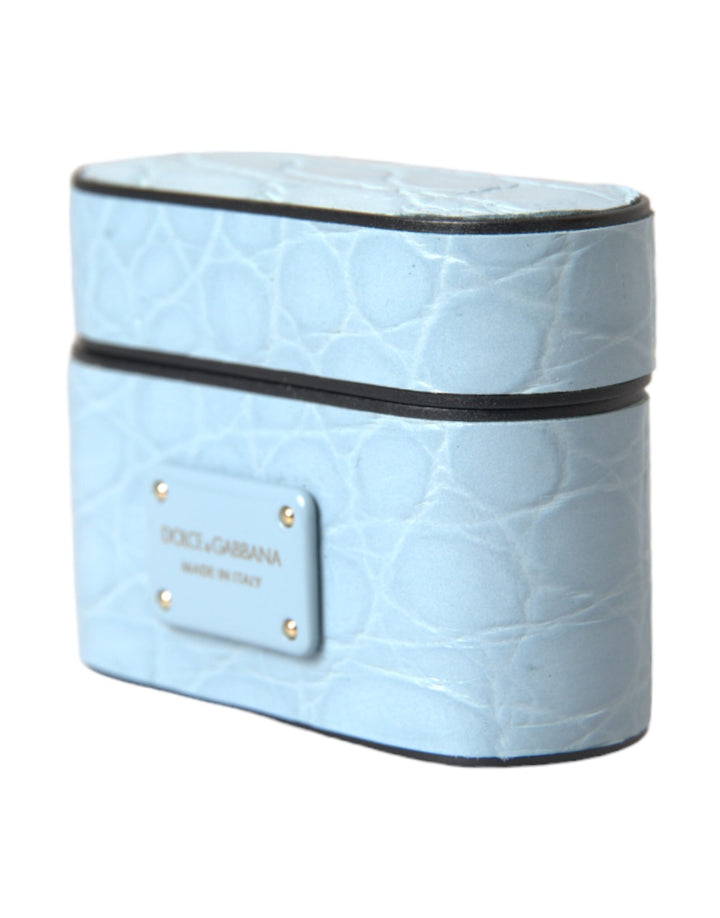 Hellblaue Leder Metall Logo Plaque Airpods Tasche