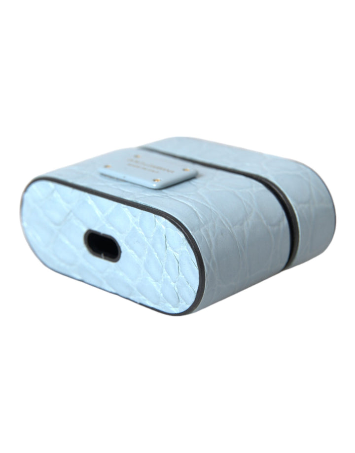 Hellblaue Leder Metall Logo Plaque Airpods Tasche