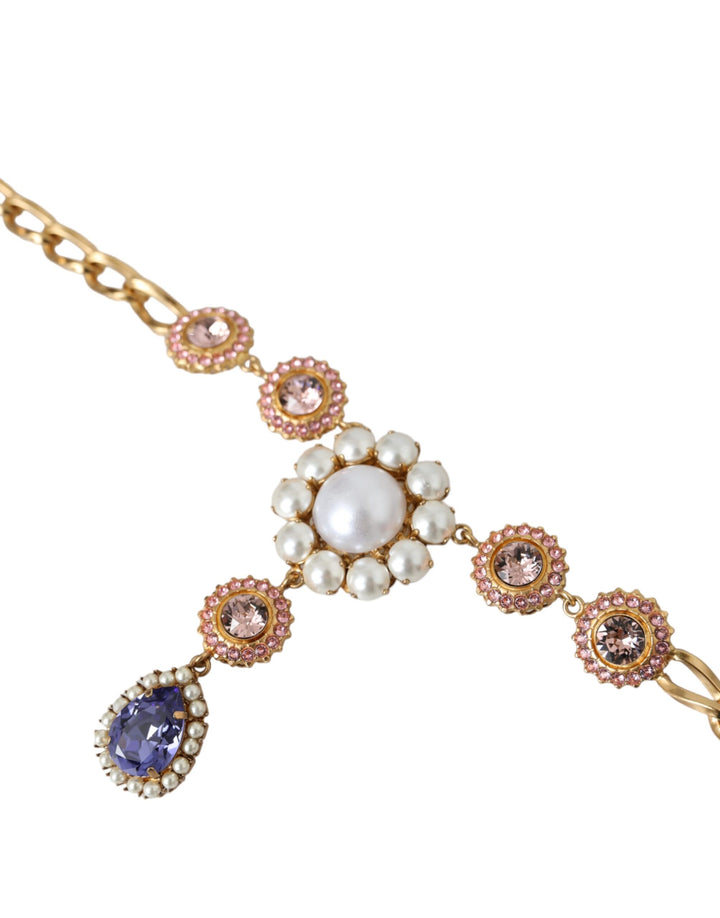 Gold Brass Crystal Purple Pink Pearl Pendant Necklace