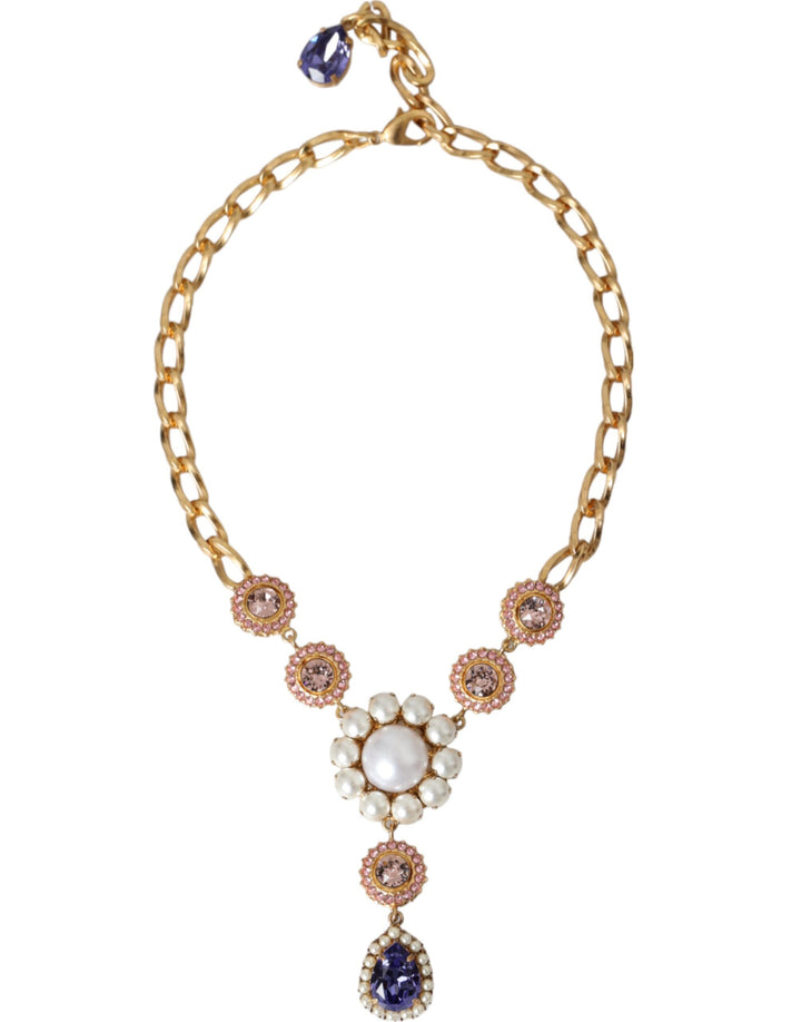 Gold Brass Crystal Purple Pink Pearl Pendant Necklace