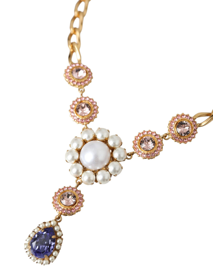 Gold Brass Crystal Purple Pink Pearl Pendant Necklace