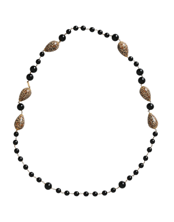 Gold-tone brass black printed beads long chain necklace
