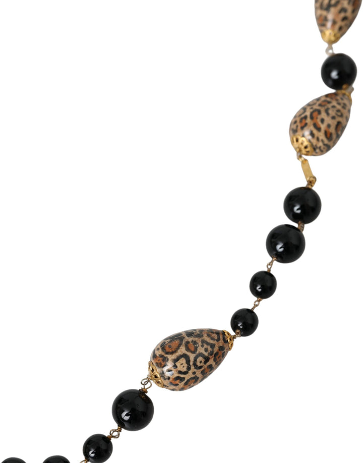Gold-tone brass black printed beads long chain necklace