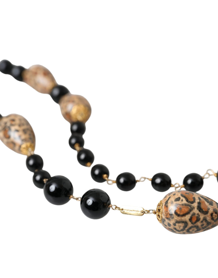 Gold-tone brass black printed beads long chain necklace