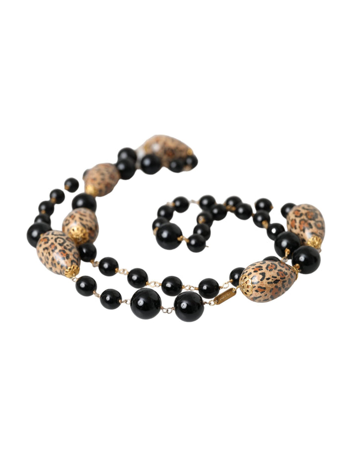 Gold-tone brass black printed beads long chain necklace
