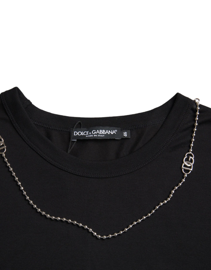 Black cotton silver chain short sleeve t-shirt