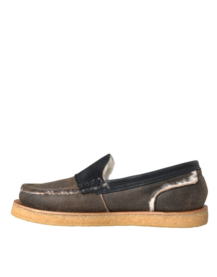 Braun Schwarz Fell Leder Loafers Männer Schuhe