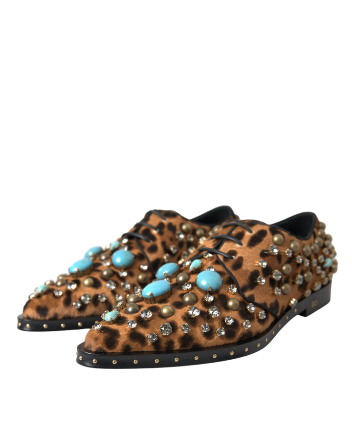 Braune Leopardenhaar-Kristallkleider Broque-Schuhe