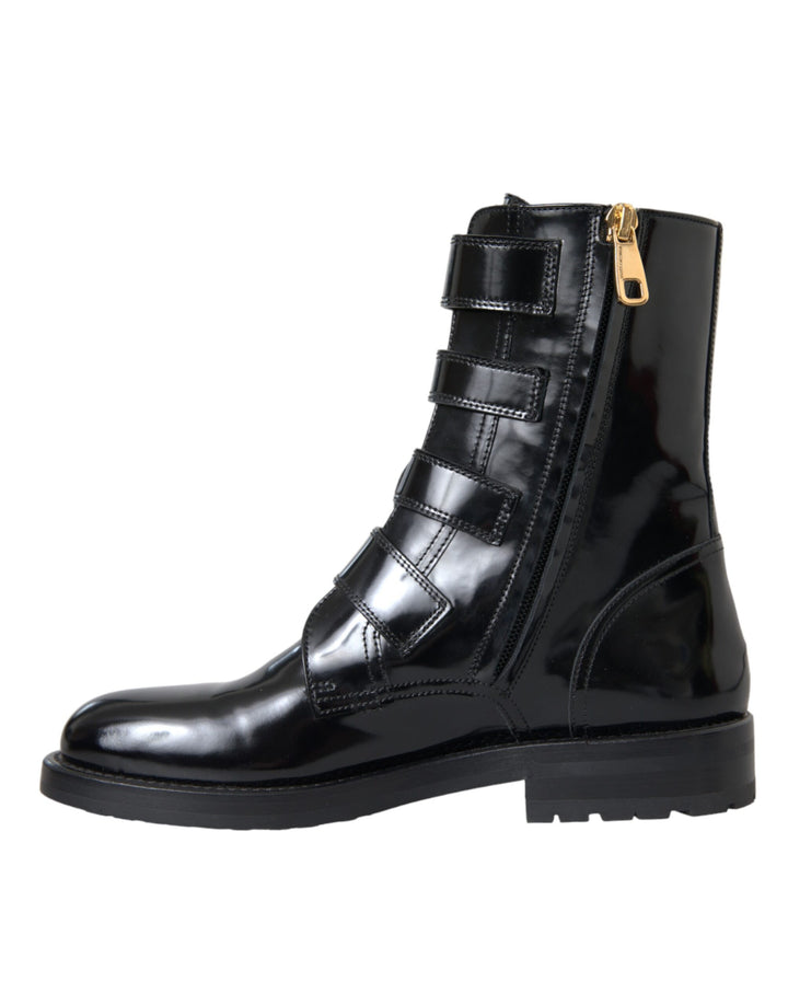 Schwarz Leder Kristall Schnallen Stiefel Schuhe