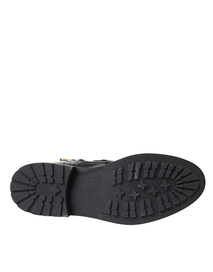 Schwarz Leder Kristall Schnallen Stiefel Schuhe