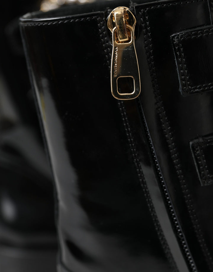 Schwarz Leder Kristall Schnallen Stiefel Schuhe