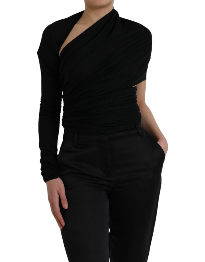 Black asymmetric top with long sleeves and wool neckline