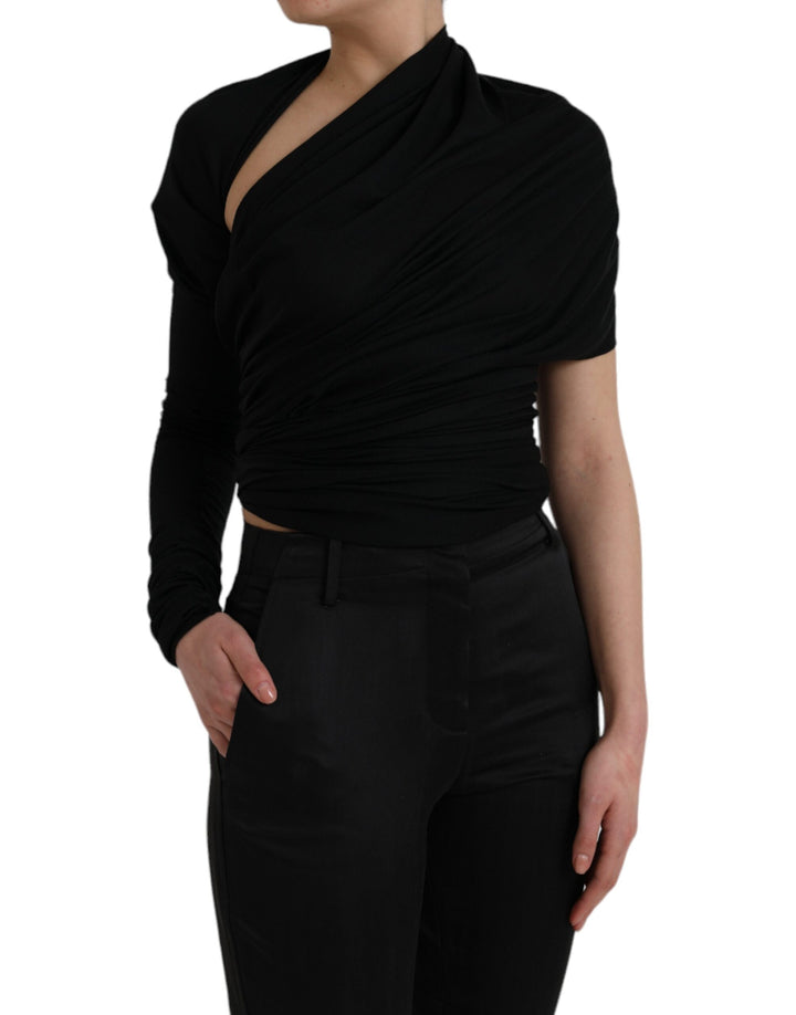 Black asymmetric top with long sleeves and wool neckline