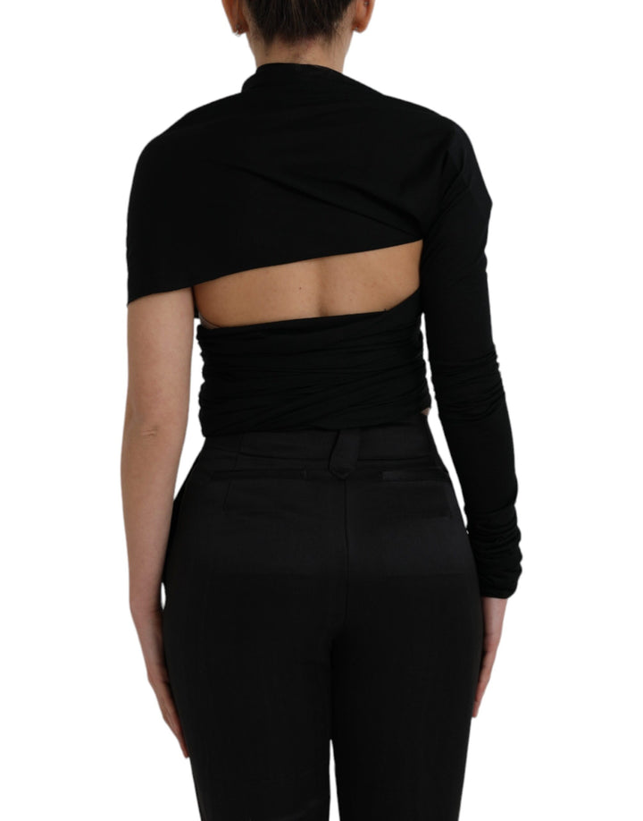Black asymmetric top with long sleeves and wool neckline