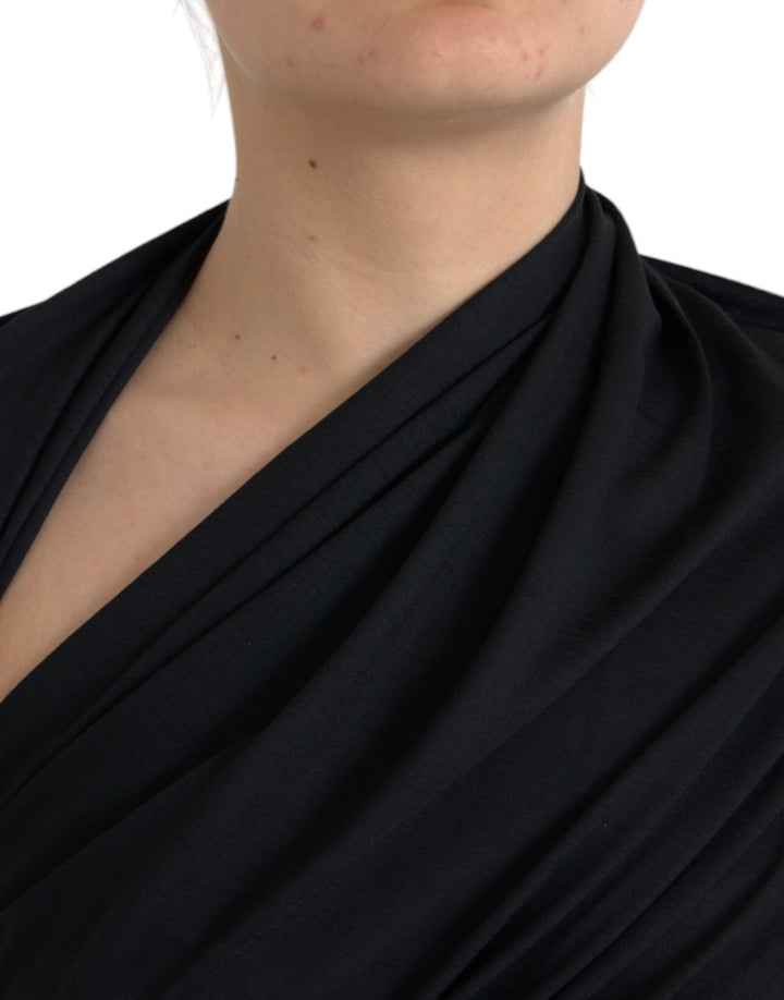 Black asymmetric top with long sleeves and wool neckline