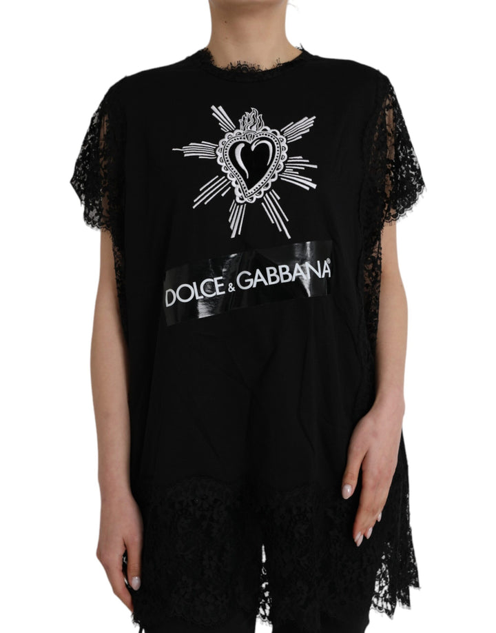 Black cotton lace T-shirt with Sacred Heart print