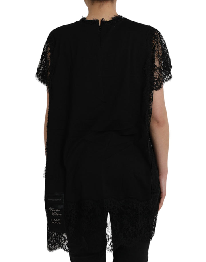 Black cotton lace T-shirt with Sacred Heart print