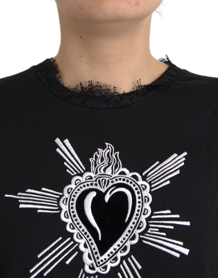 Black cotton lace T-shirt with Sacred Heart print
